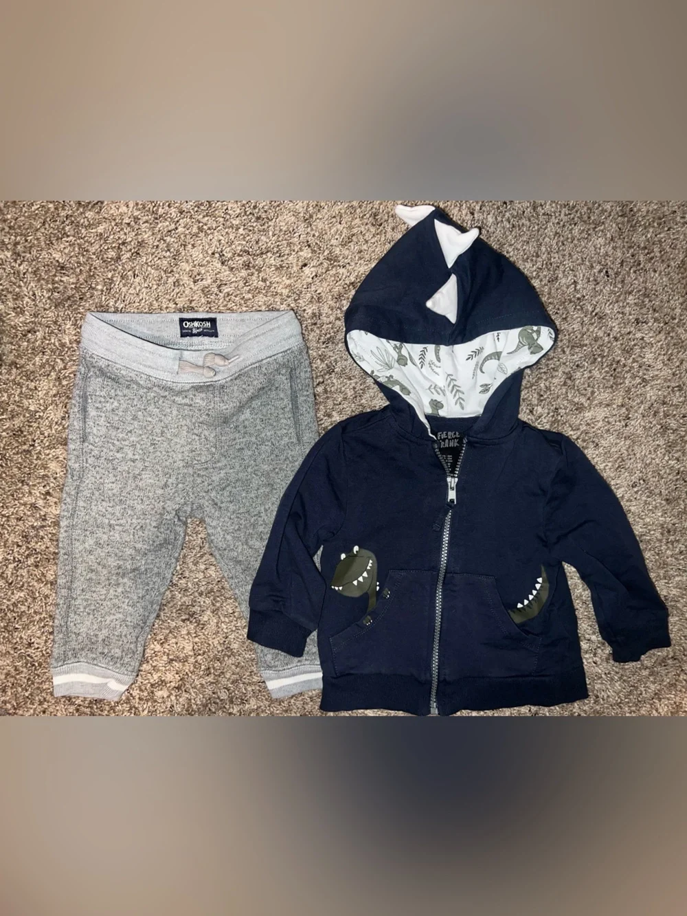 OshKosh B'gosh Fierce Frank Navy Dino Zip Hoodie with Gray Joggers 12m Set